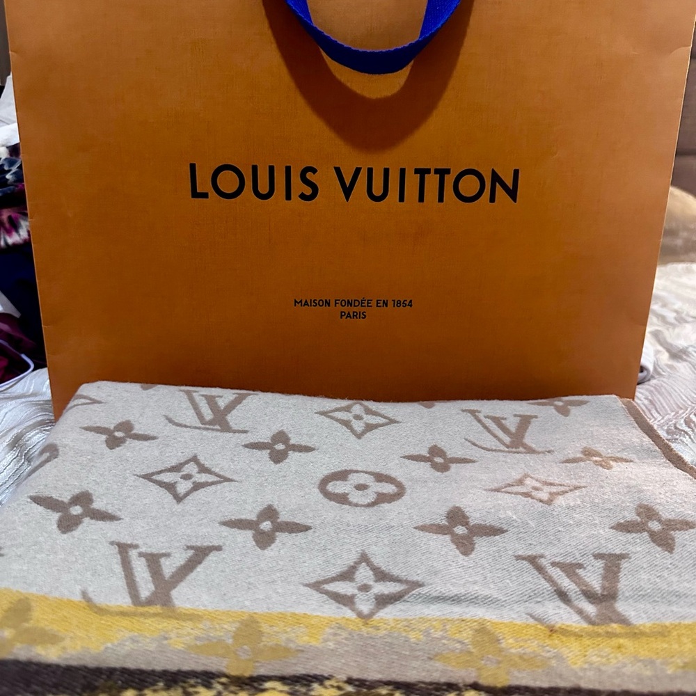 ESTATE SALE $1K Louis Vuitton Beige and Brown Monogram Shawl/Scarf